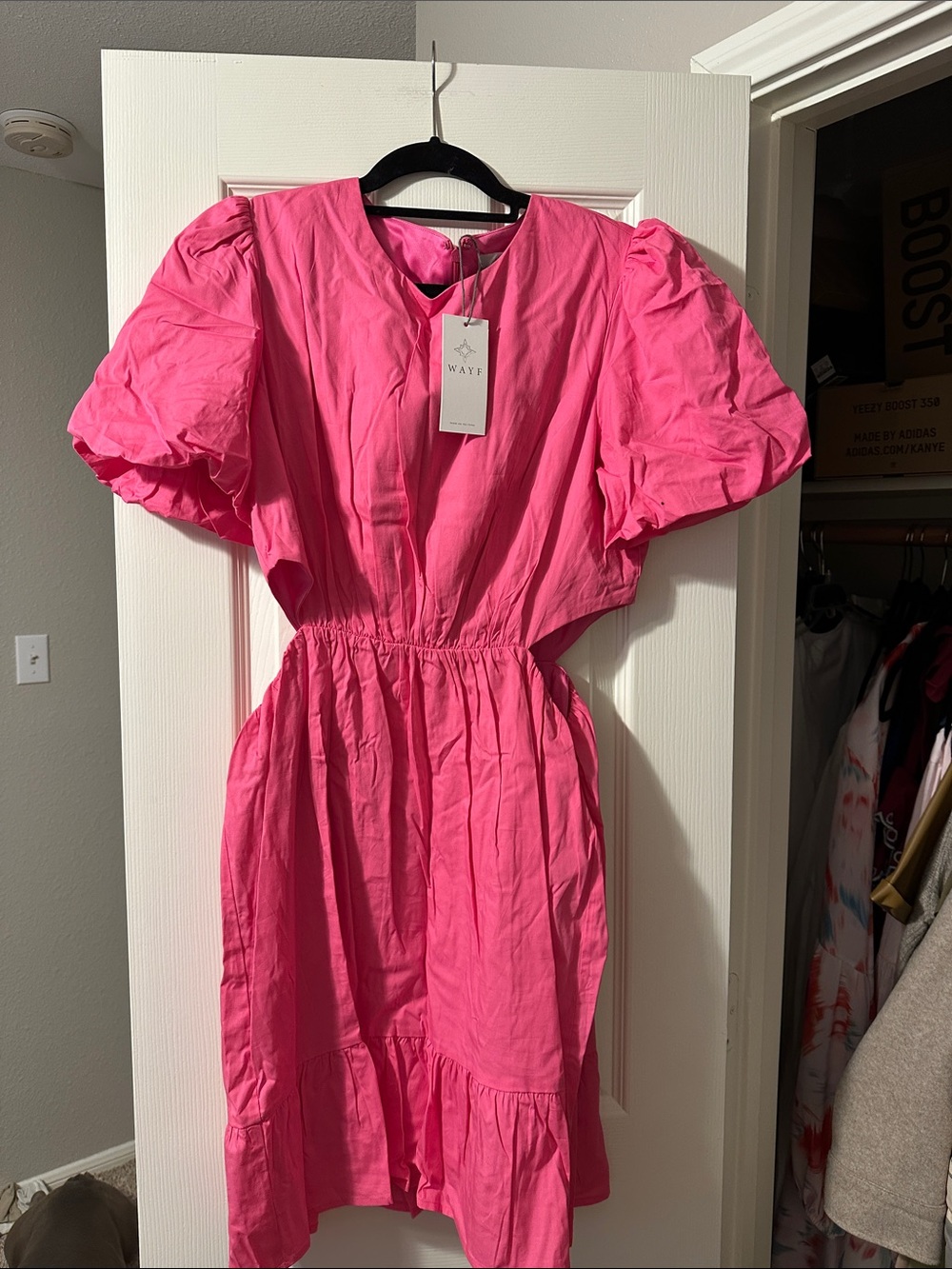 Wayf Bright Pink Puff Sleeve Midi Dress